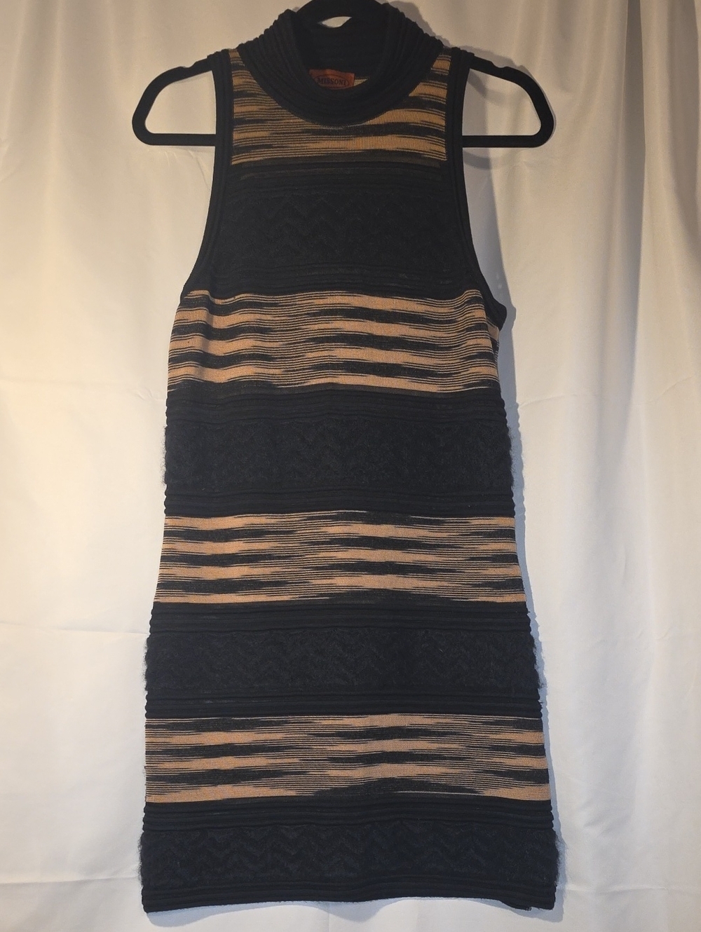Missoni Wool, Rayon, Mohair Black and Tan Striped Sleeveless Knit Mini Dress S-M